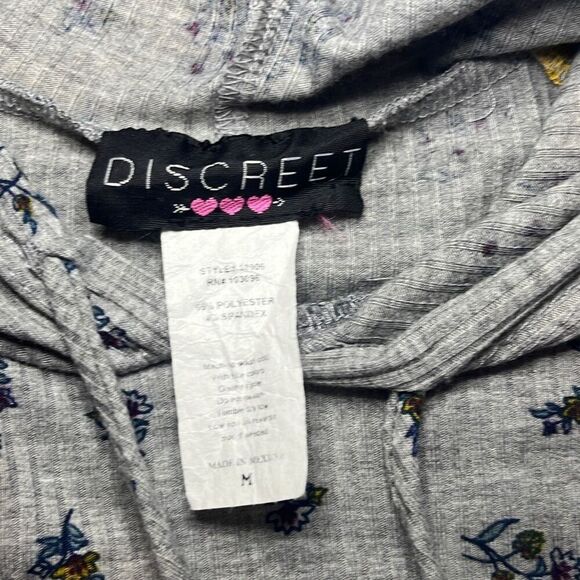 Discreet Gray Blue Floral Ribbed Hoodie Medium Drawstring Whimsigoth Grunge - Picture 4 of 6